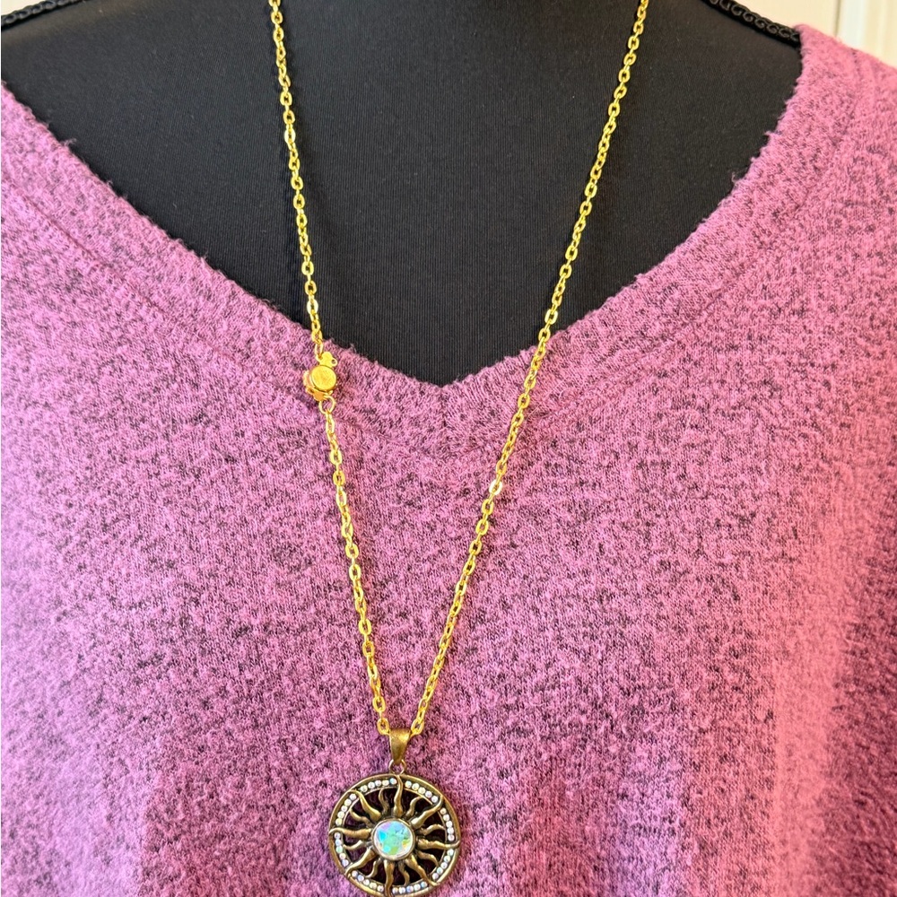 Gold Sunburst Pendant Necklace in Pink